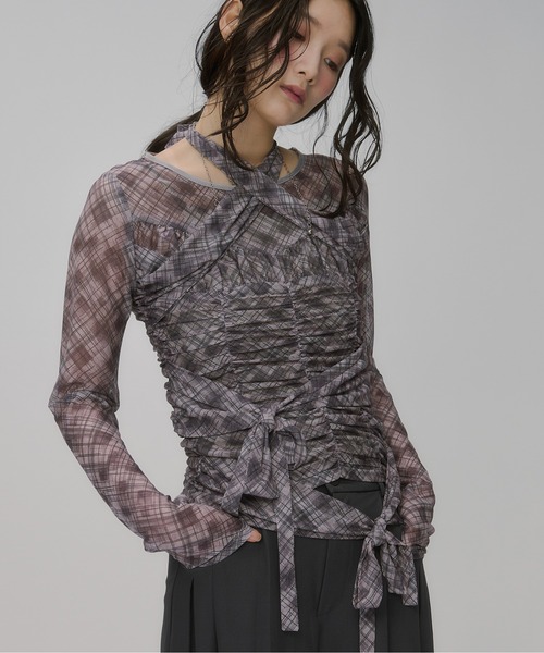 Ezick tシャツ ribbon tulle tops フロントリボンシアートップス