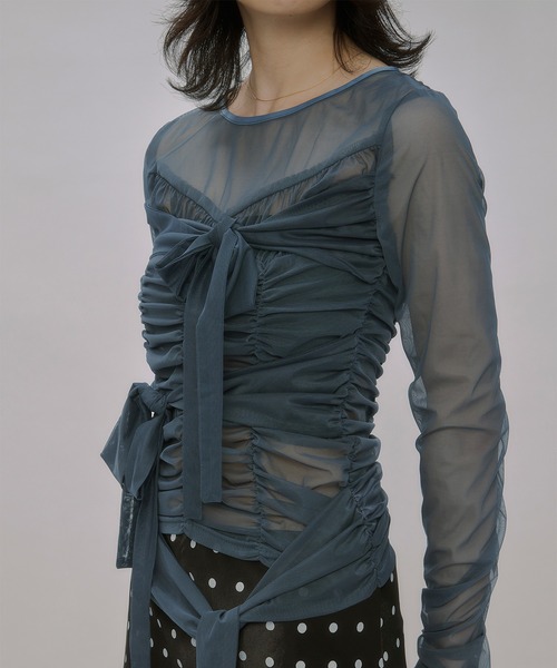 Ezick tシャツ ribbon tulle tops フロントリボンシアートップス
