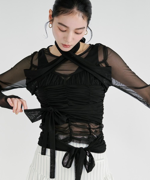 Ezick tシャツ ribbon tulle tops フロントリボンシアートップス