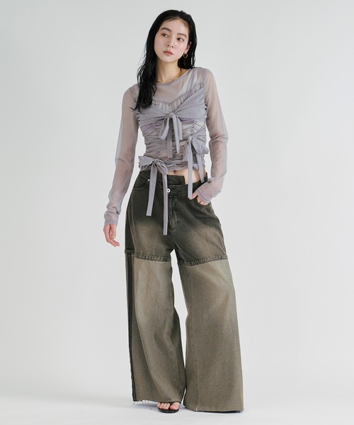Ezick tシャツ ribbon tulle tops フロントリボンシアートップス