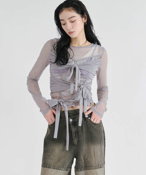 Ezick tシャツ ribbon tulle tops フロントリボンシアートップス