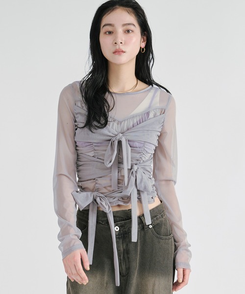 Ezick tシャツ ribbon tulle tops フロントリボンシアートップス