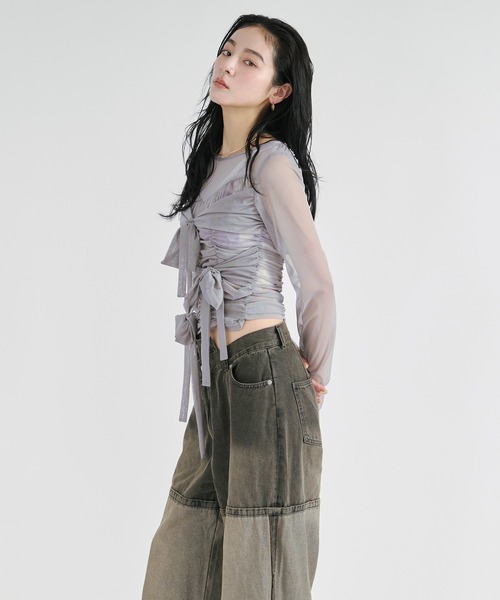 Ezick tシャツ ribbon tulle tops フロントリボンシアートップス