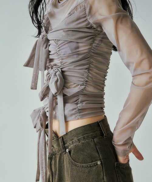 Ezick tシャツ ribbon tulle tops フロントリボンシアートップス