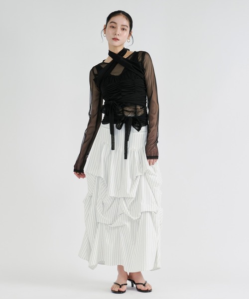 Ezick tシャツ ribbon tulle tops フロントリボンシアートップス