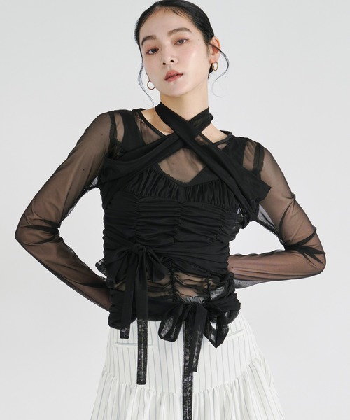 Ezick tシャツ ribbon tulle tops フロントリボンシアートップス
