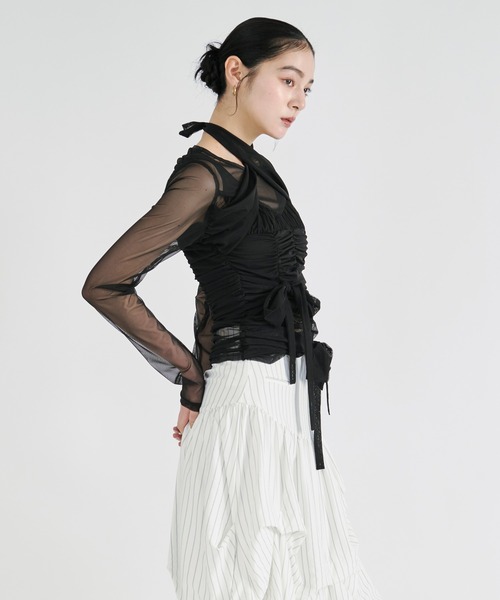 トップス Elm sheer ribbon set Ezick tシャツ ribbon tulle tops フロントリボンシアートップス