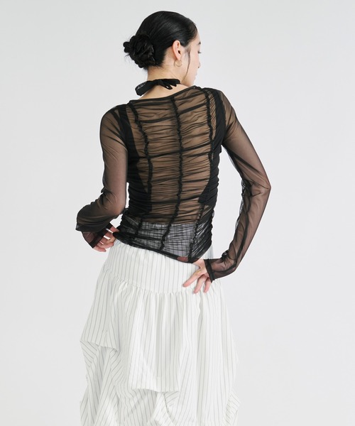 Ezick tシャツ ribbon tulle tops フロントリボンシアートップス
