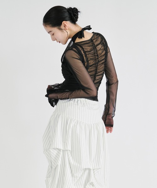 Ezick tシャツ ribbon tulle tops フロントリボンシアートップス