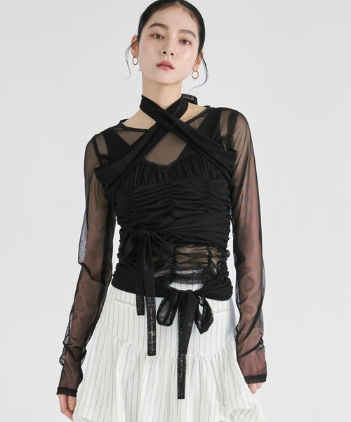 Ezick tシャツ ribbon tulle tops フロントリボンシアートップス