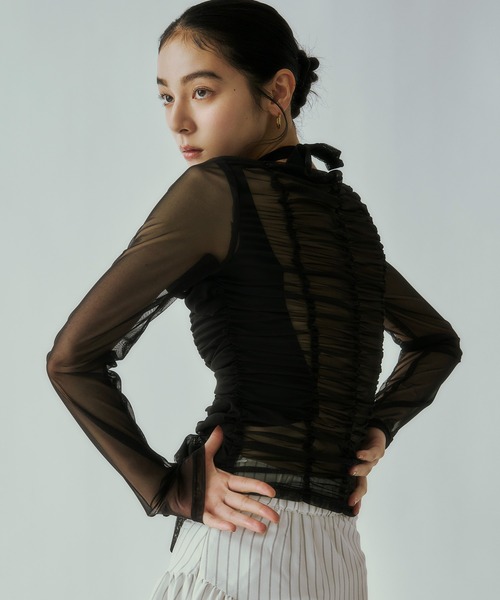Ezick tシャツ ribbon tulle tops フロントリボンシアートップス
