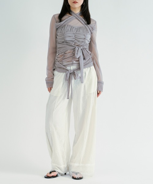 Ezick tシャツ ribbon tulle tops フロントリボンシアートップス
