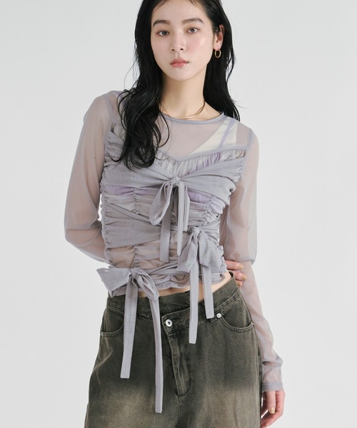 Ezick tシャツ ribbon tulle tops フロントリボンシアートップス