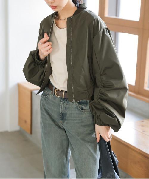 袖シャーリングオーバーサイズMA1 ブラック　カーキー　2点セット　ブルゾン THE CASUAL｜ビッグシルエット袖シャーリングアーバンMA-1ジャケット