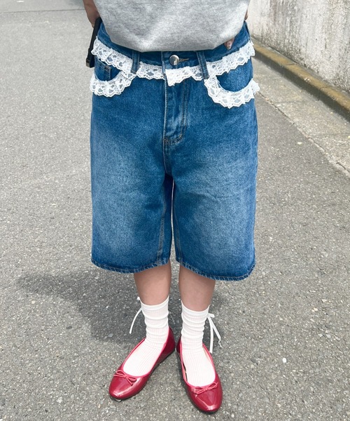 【SOLNI】レースワイドデニムパンツ レースワイドデニムパンツ ライトブルー | ファッション通販