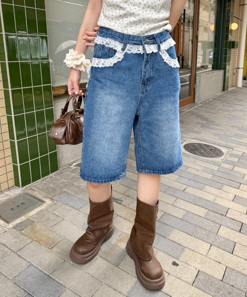 素晴らしい品質 ジーンズ SOLLON. デニム レースデニムハーフ デニムパンツ ボトムス・スパッツ
