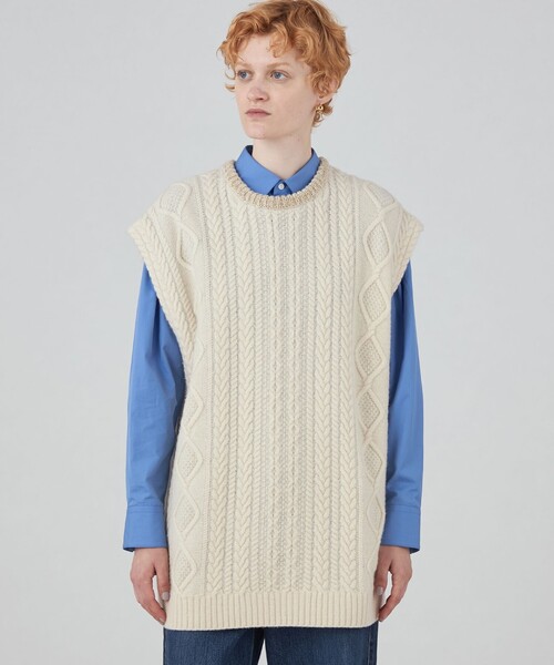 MACPHEE 　アイボリー ベスト　M 新品 MACPHEE（マカフィー） ベスト ジレ ルレックスケーブル クルーネック