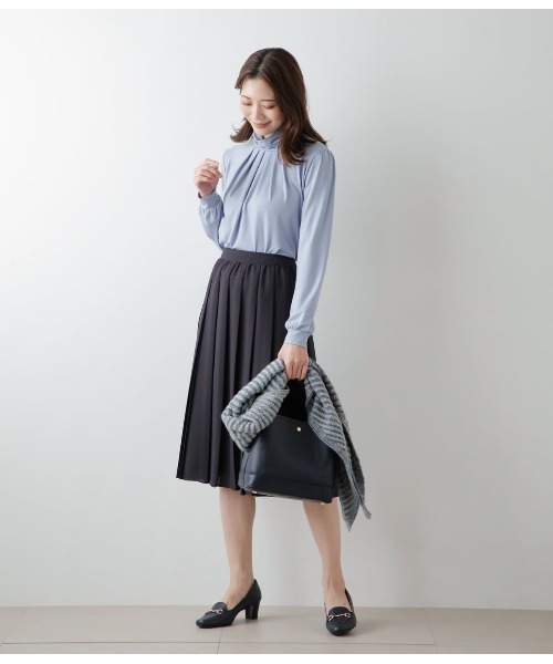 NEWYORKERネイビー ひざ丈 プリーツスカート NEWYORKER スカート ポリエステルソフトクロス プリーツスカート