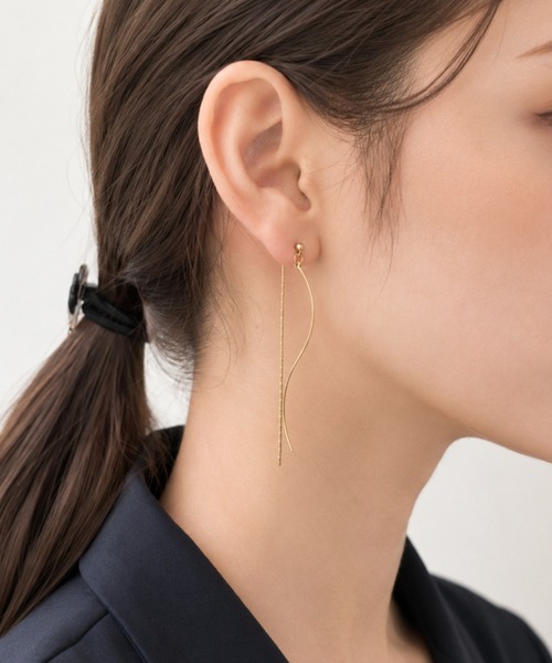 ピアス　No.4496 ciite' ピアス ウェーブバー × ロングチェーンピアス (両耳用