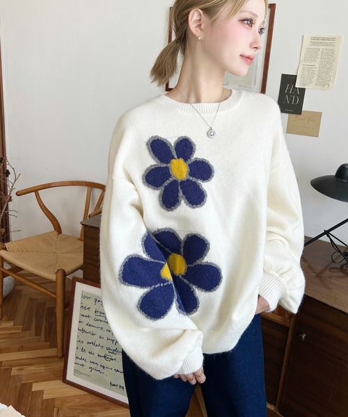 moment+ ニット セーター フラワージャガードニットプルオーバー