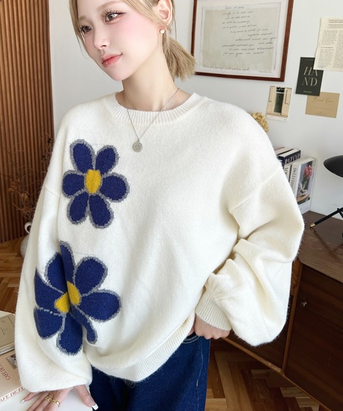 ニット セーター モヘアジャガードニットプルオーバー レディース moment+ ニット セーター フラワージャガードニットプルオーバー