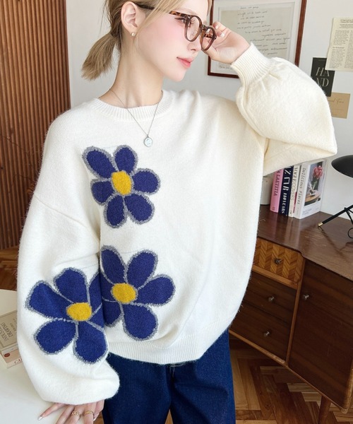 moment+ ニット セーター フラワージャガードニットプルオーバー