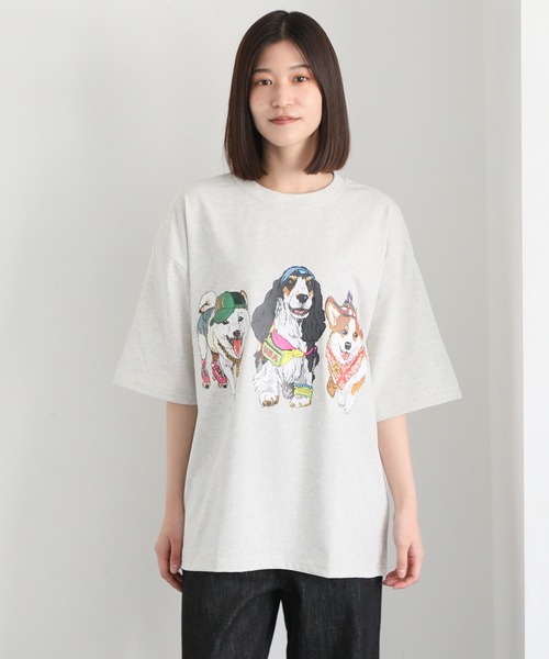 tシャツ ドッグ アニマルプリント長袖Tシャツ レディース セール】Dog Print T-Shirt/犬 アニマル プリント オーバー