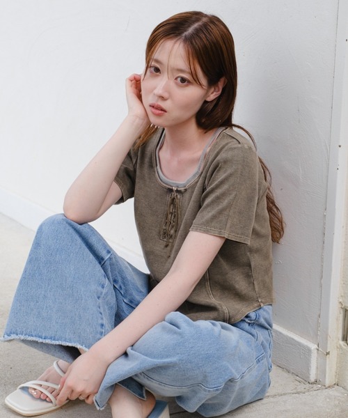 tシャツ ピグメント編み上げTEE レディース