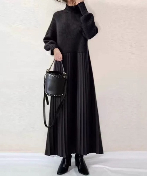 極美品　バーバリー　ロンドン　ワンピース　ニット　リブ　ドッキング　ブラック　黒 CADBURY（キャドバリー） ワンピース ニットドッキングプリーツロング