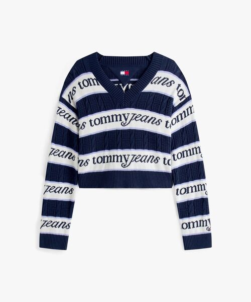   - 古着 トミーヒルフィガー   JEANS ボーダー柄 リブ編み Vネック ニットセーター レディースS相当 /eaa511729 TOMMY JEANS（トミー・ジーンズ） ニット セーター ストライプロゴV