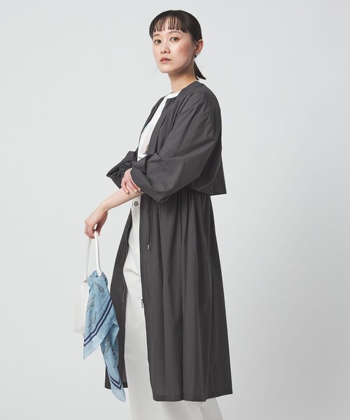 美品 ROPE ロペ 撥水 ノーカラーコート ウエストギャザー ブラック 36 ROPÉ PICNIC(ロペピクニック) / JAPAN FABRIC中伝ノーカラーコート