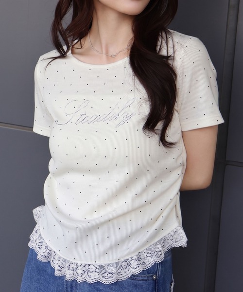 SpRay（スプレイ） tシャツ 半袖 ドット裾レース Tシャツ レディース 