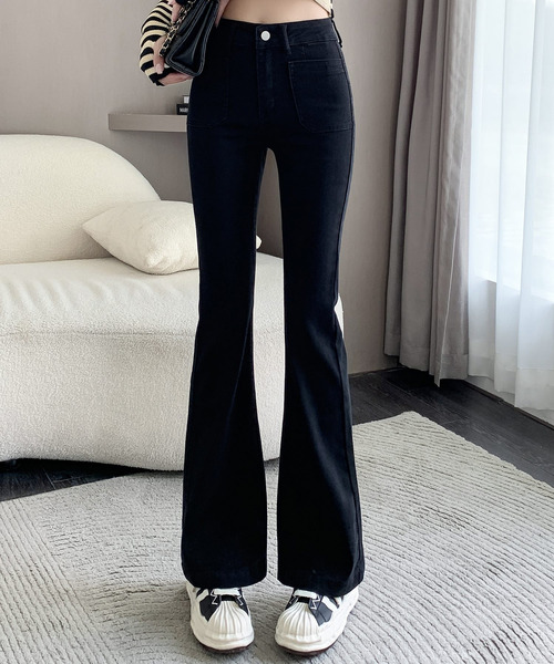 デニム ブーツカット フレアジーンズ ワックス ブラック DAY CLOSET ジーンズ デニム デニムパンツ 「吸湿発熱/裏起毛/大きい