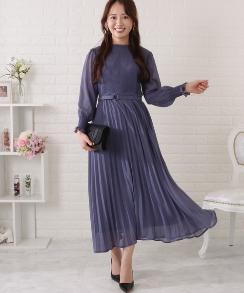 フォクシー 長袖 Dress Sleeves 袖リボン ワンピース グレー 38 Lace Ladies（レースレディース） ドレス ベルト付きシフォンプリーツ