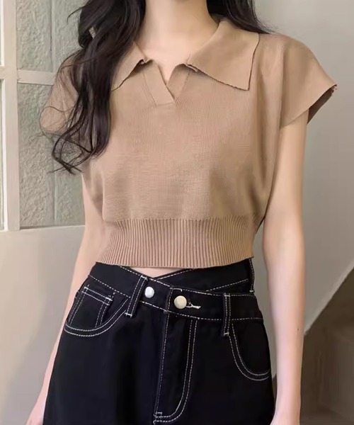 POLO リメイク品 ポロシャツ ショート丈 トップス レディース パールボタン ポロシャツ バイカラー ショート丈 絞り紐 トップス 半袖 ポロ襟