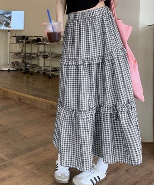 年中使える❤️ふりふりチェックロングスカート　普段着やデートにも最適 Amazon.co.jp: (ノーブランド品) ロングスカート 黒 おしゃれ