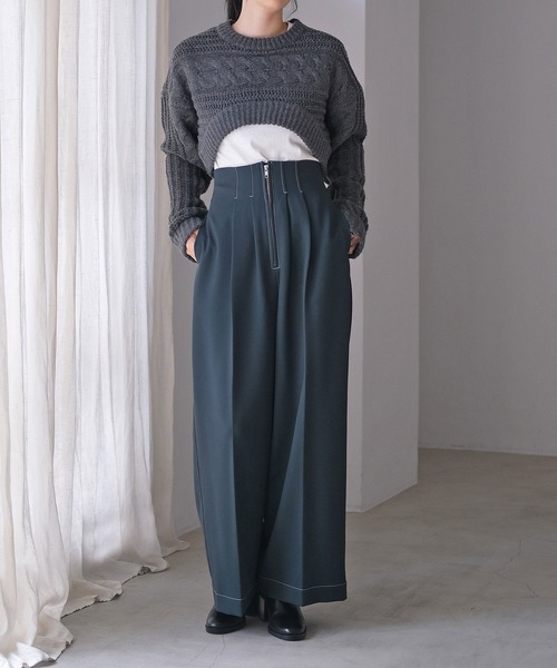 AKTE（アクテ） パンツ ハイウエストステッチパンツ レディース