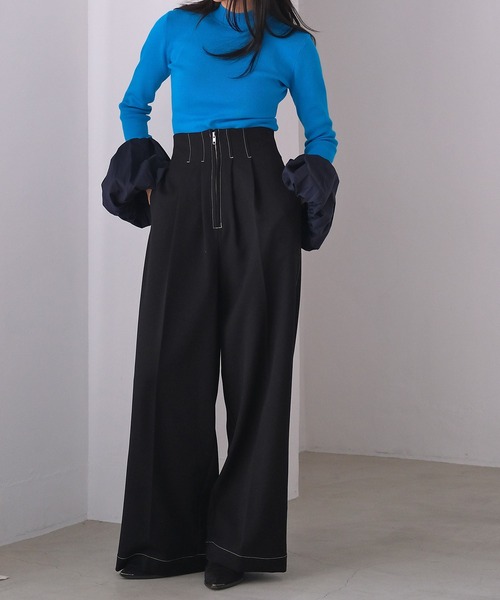 AKTE（アクテ） パンツ ハイウエストステッチパンツ レディース