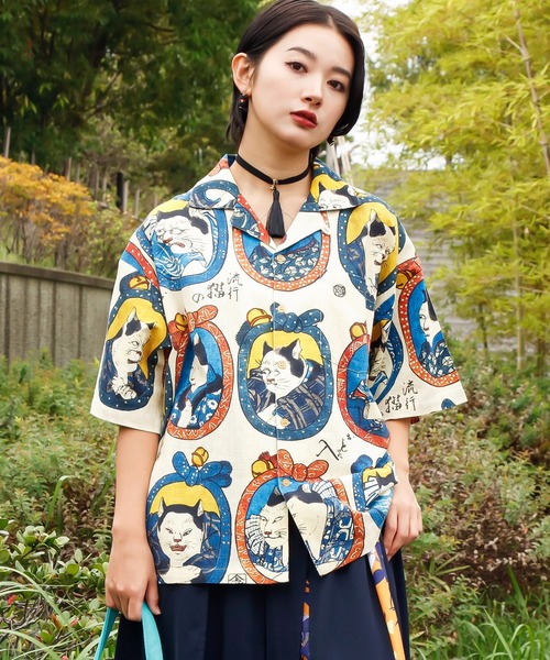 koubou kamo たこやき シャツ カモ工房 綿100% 日本製 アロハ カヤ アロハシャツ シャツ 半袖 「カヤ」着る、NIPPON ART 倭の絵