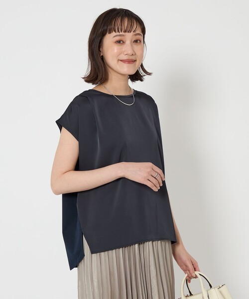 tシャツ サテン ドッキング ドルマン プルオーバー カットソー レディース