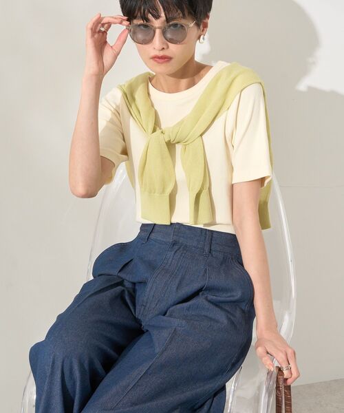 五分袖 トップス AMERICAN HOLIC tシャツ リブ 5分袖トップス レディース