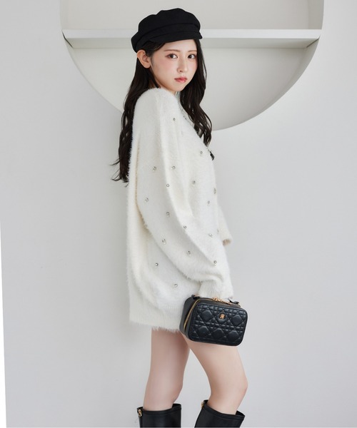 NICE CLAUP ビジューカーディガン ブラック one after another NICE CLAUP カーディガン ビジューボタン