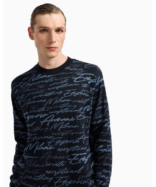 エンポリオアルマーニ　ロゴ　クルーネック　ウール　ニット　セーター　メンズ　黒 EMPORIO ARMANI エンポリオアルマーニ クルーネックニット/セーター