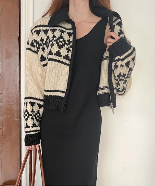 ニット セーター ノルディック柄ジップアップニットカーディガン