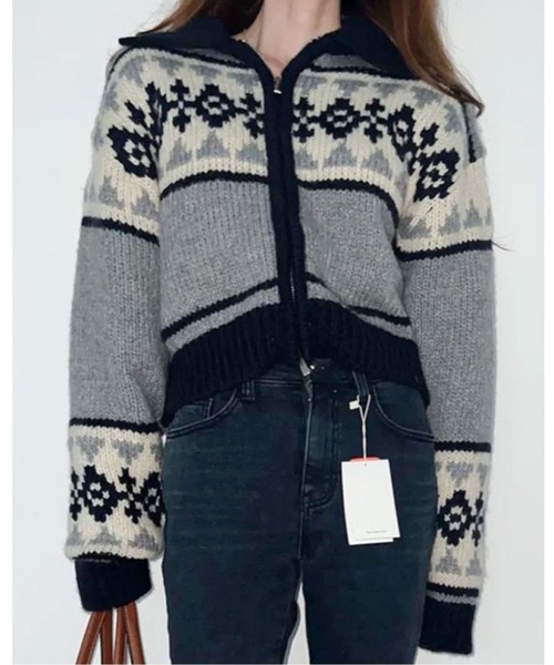 ニット セーター ノルディック柄ジップアップニットカーディガン