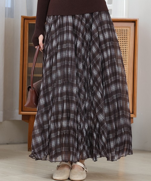 Anely スカート チェック柄 しわ プリーツ マキシ スカート : ZOZOTOWN