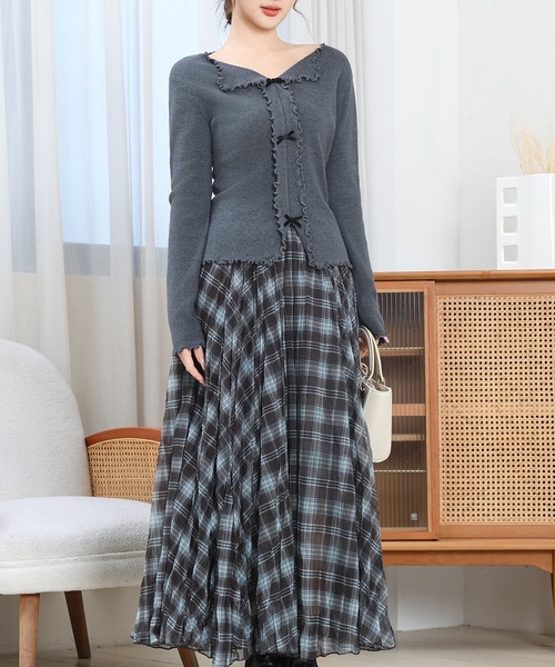 Anely スカート チェック柄 しわ プリーツ マキシ スカート : ZOZOTOWN