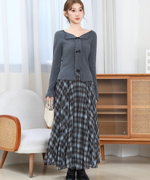 Anely スカート チェック柄 しわ プリーツ マキシ スカート : ZOZOTOWN