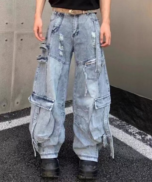 FreeZone ジーンズ ヴィンテージダメージカーゴデニムパンツ メンズ