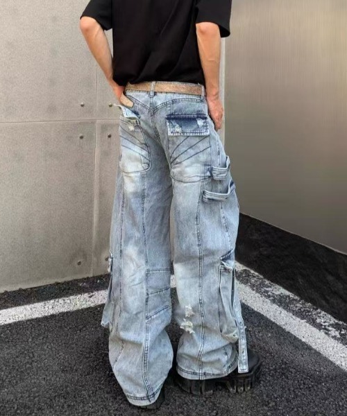 FreeZone ジーンズ ヴィンテージダメージカーゴデニムパンツ メンズ